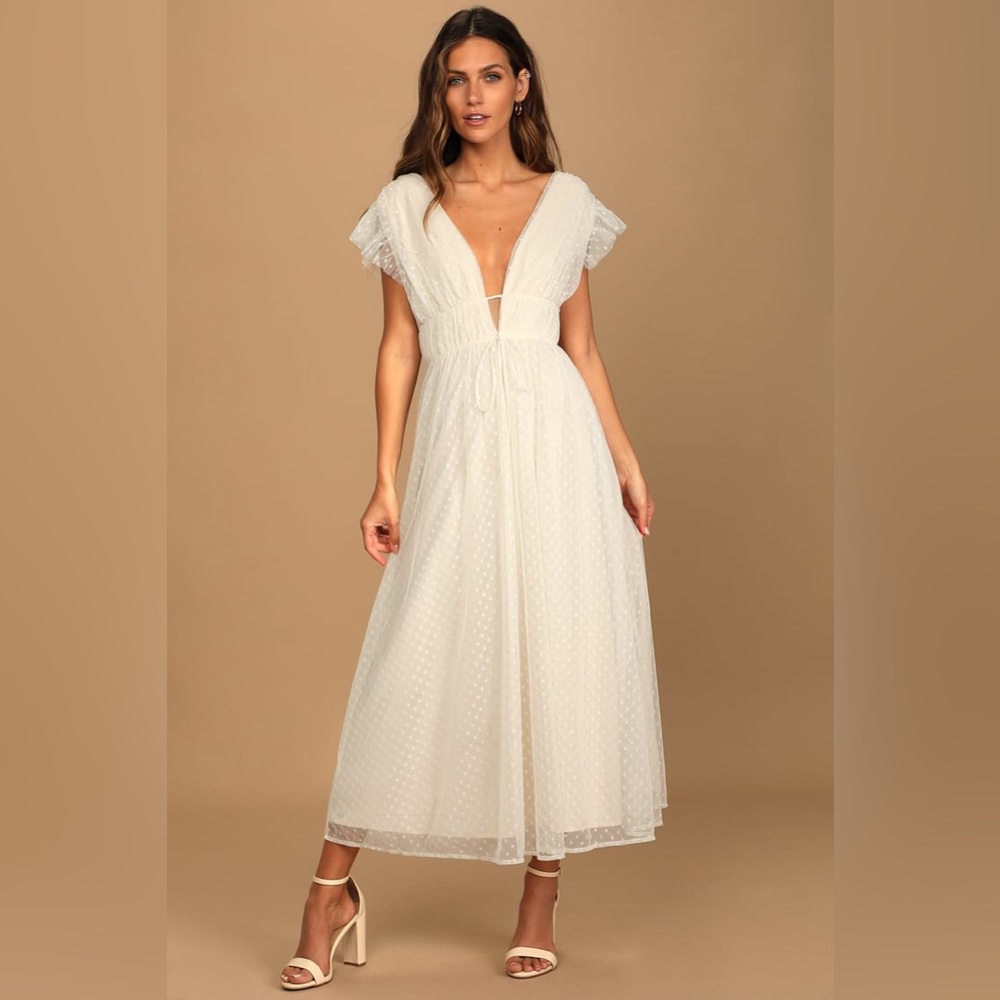 Lulus ivory polka dot midi dress